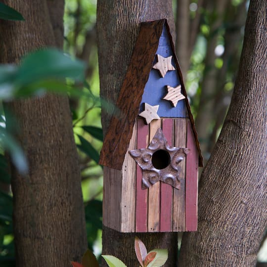 Glitzhome® Distressed Wood & Metal Patriotic Bird House with Stars